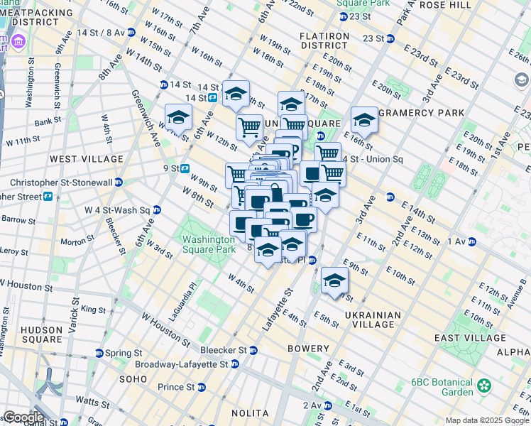 map of restaurants, bars, coffee shops, grocery stores, and more near 21 East 10th Street in New York