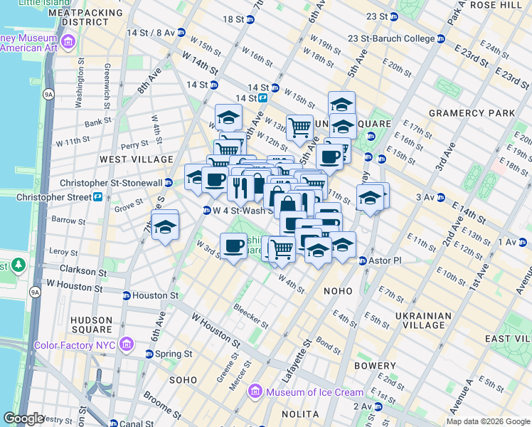 map of restaurants, bars, coffee shops, grocery stores, and more near in New York