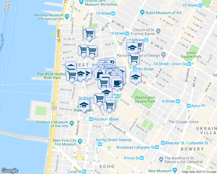 map of restaurants, bars, coffee shops, grocery stores, and more near in New York