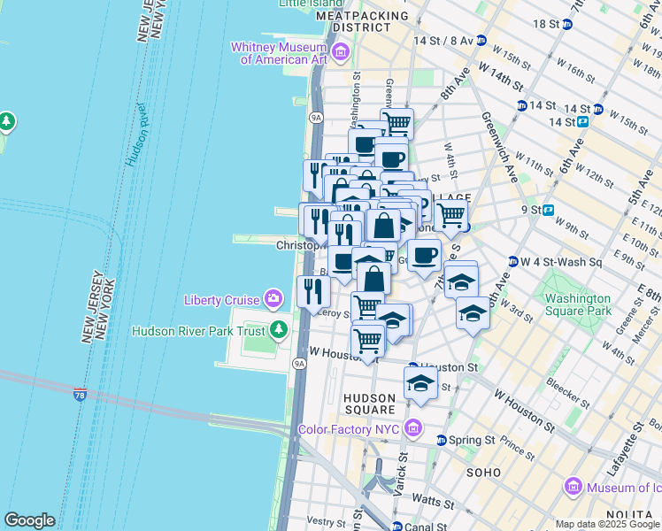 map of restaurants, bars, coffee shops, grocery stores, and more near 391 West Street in New York