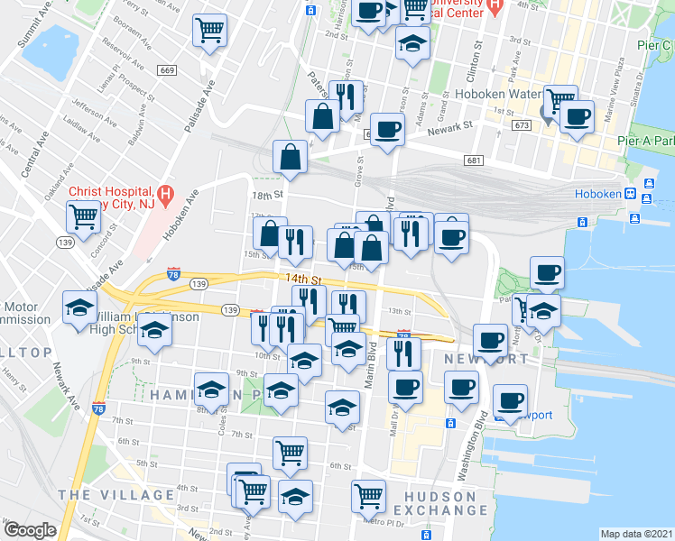 map of restaurants, bars, coffee shops, grocery stores, and more near 209 16th Street in Jersey City