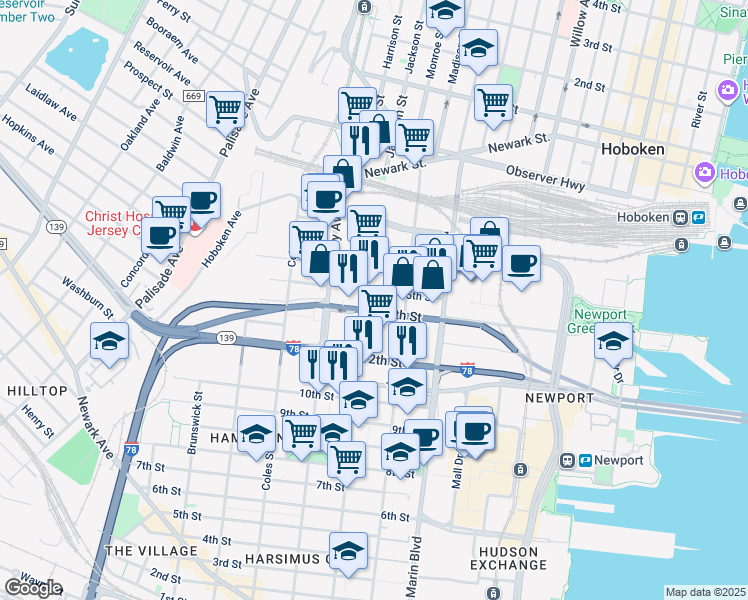 map of restaurants, bars, coffee shops, grocery stores, and more near 264 Erie Street in Jersey City