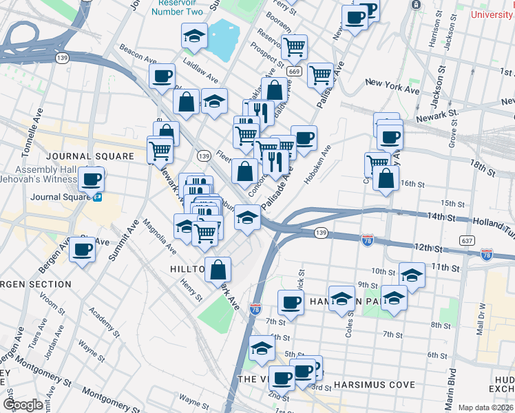 map of restaurants, bars, coffee shops, grocery stores, and more near 87 Palisade Avenue in Jersey City