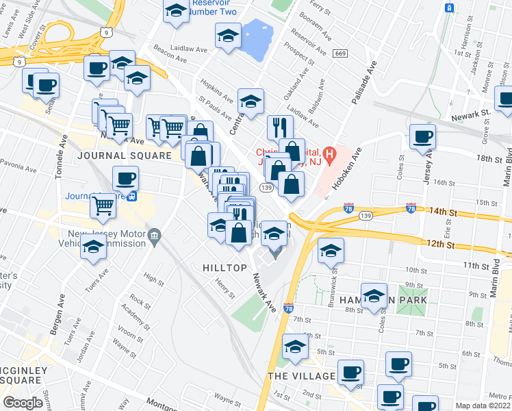 map of restaurants, bars, coffee shops, grocery stores, and more near 46 Washburn Street in Jersey City