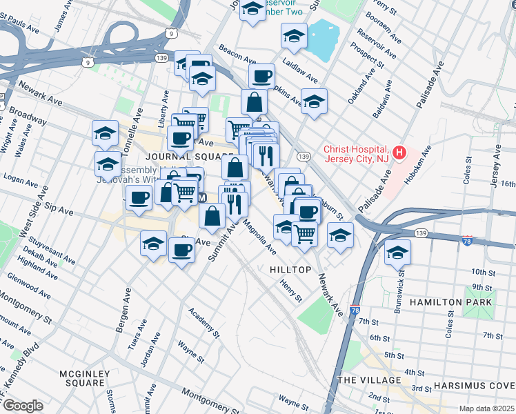 map of restaurants, bars, coffee shops, grocery stores, and more near in Jersey City