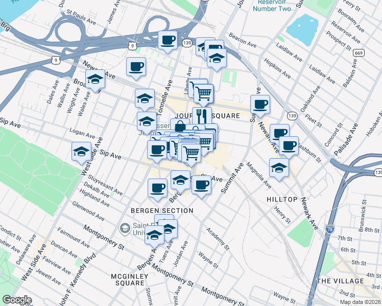 map of restaurants, bars, coffee shops, grocery stores, and more near 1 Path Plaza in Jersey City