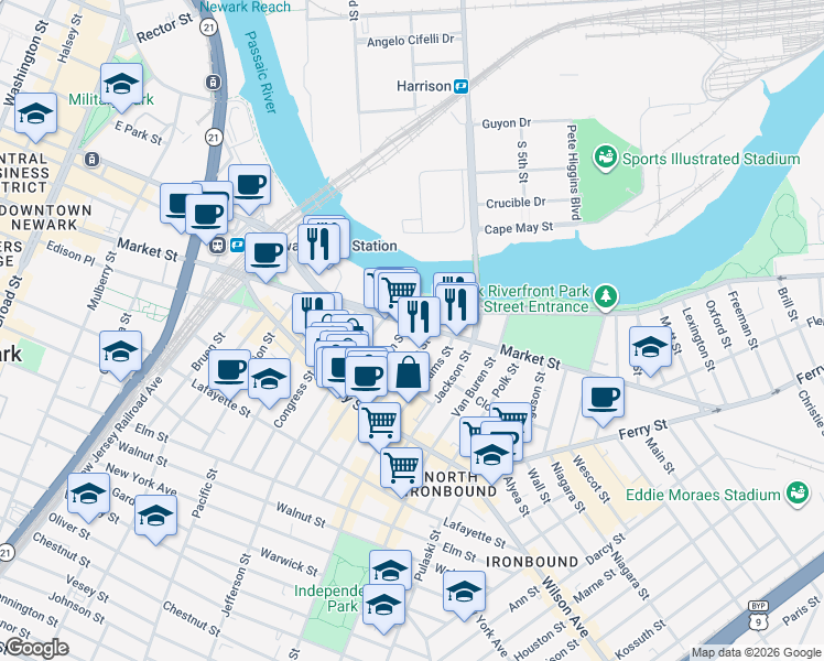 map of restaurants, bars, coffee shops, grocery stores, and more near 474 Market Street in Newark
