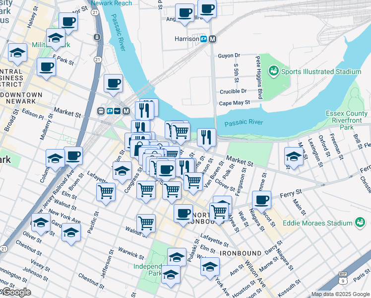 map of restaurants, bars, coffee shops, grocery stores, and more near 474 Market Street in Newark