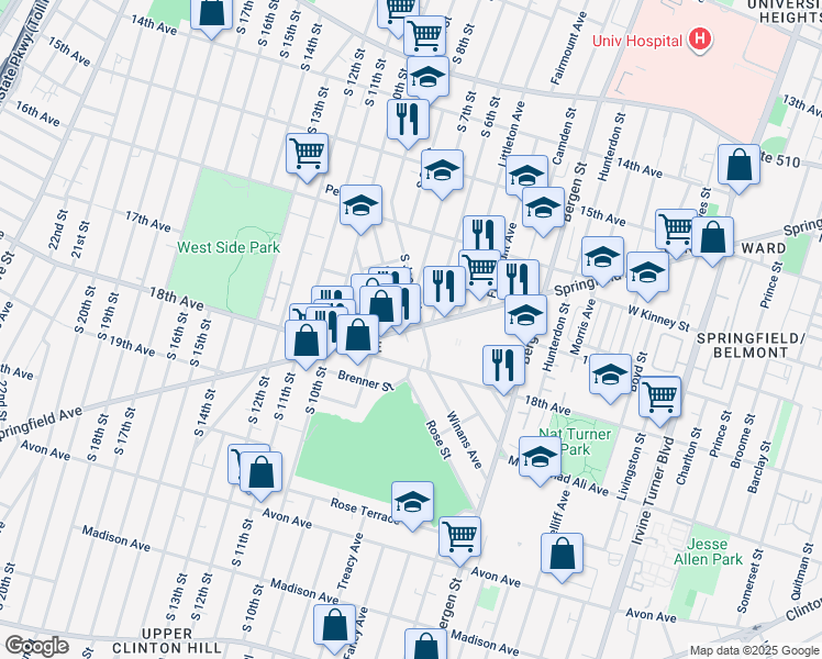 map of restaurants, bars, coffee shops, grocery stores, and more near 456 Springfield Avenue in Newark