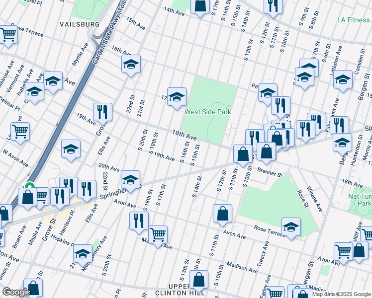 map of restaurants, bars, coffee shops, grocery stores, and more near 667 South 16th Street in Newark