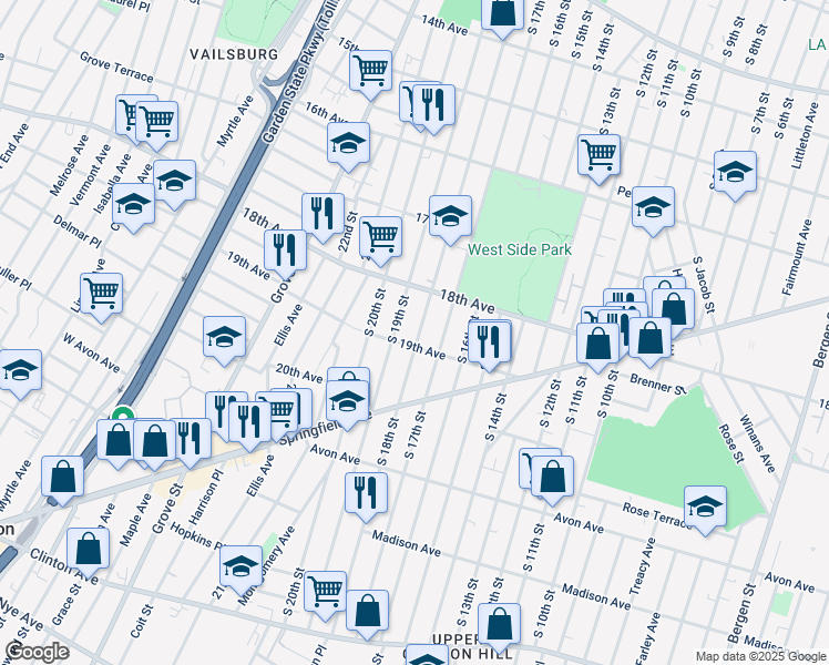 map of restaurants, bars, coffee shops, grocery stores, and more near 699 South 19th Street in Newark