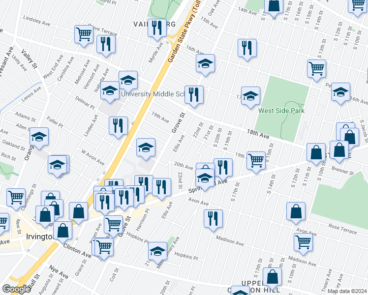 map of restaurants, bars, coffee shops, grocery stores, and more near 100 22nd Street in Irvington