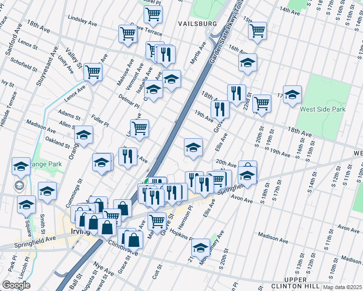 map of restaurants, bars, coffee shops, grocery stores, and more near 43 Brighton Terrace in Irvington