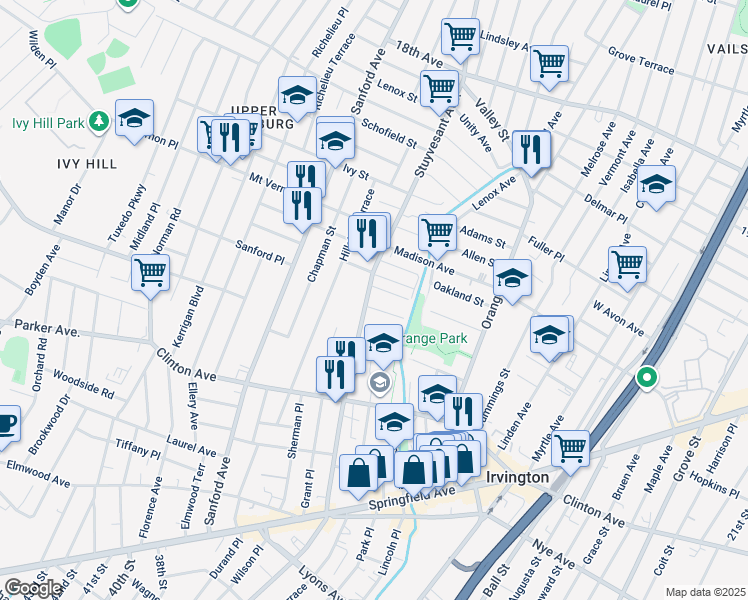 map of restaurants, bars, coffee shops, grocery stores, and more near 415 Stuyvesant Avenue in Irvington