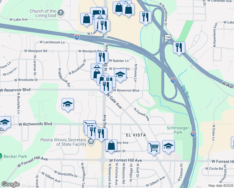 map of restaurants, bars, coffee shops, grocery stores, and more near 2316 W Reservoir Blvd in Peoria