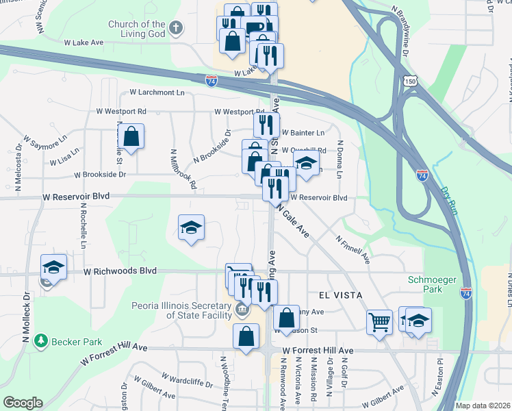 map of restaurants, bars, coffee shops, grocery stores, and more near 2517 West Reservoir Boulevard in Peoria