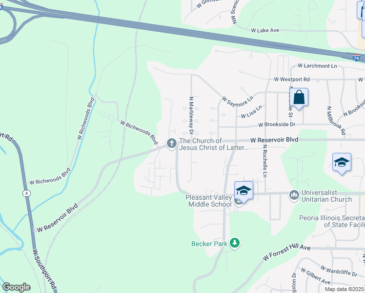 map of restaurants, bars, coffee shops, grocery stores, and more near 3627 North Marbleway Drive in Peoria