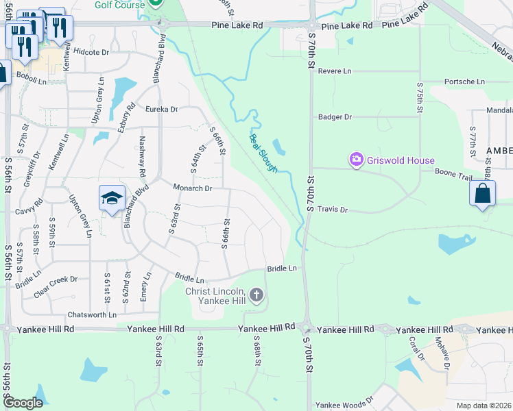 map of restaurants, bars, coffee shops, grocery stores, and more near 6800 Monarch Drive in Lincoln