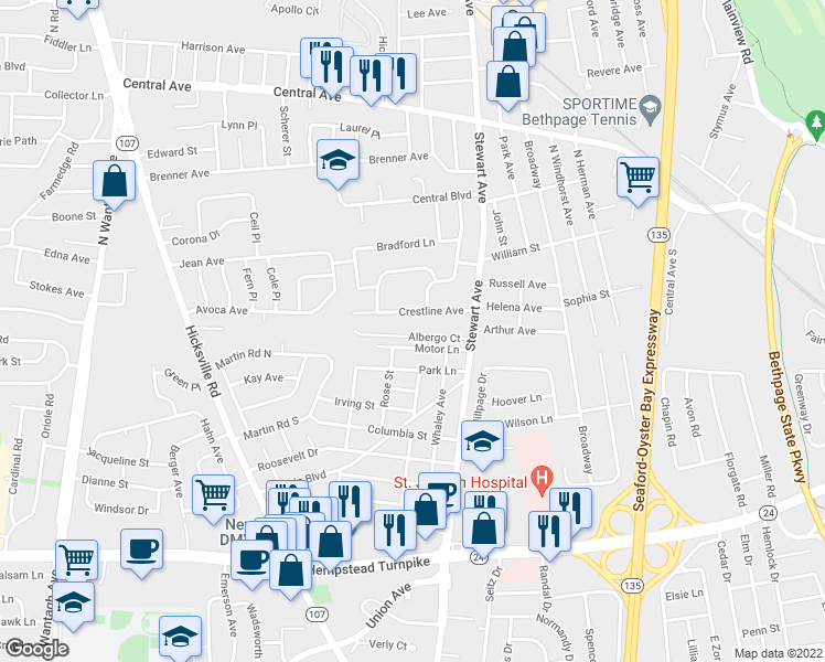 map of restaurants, bars, coffee shops, grocery stores, and more near 12 Albergo Court in Bethpage