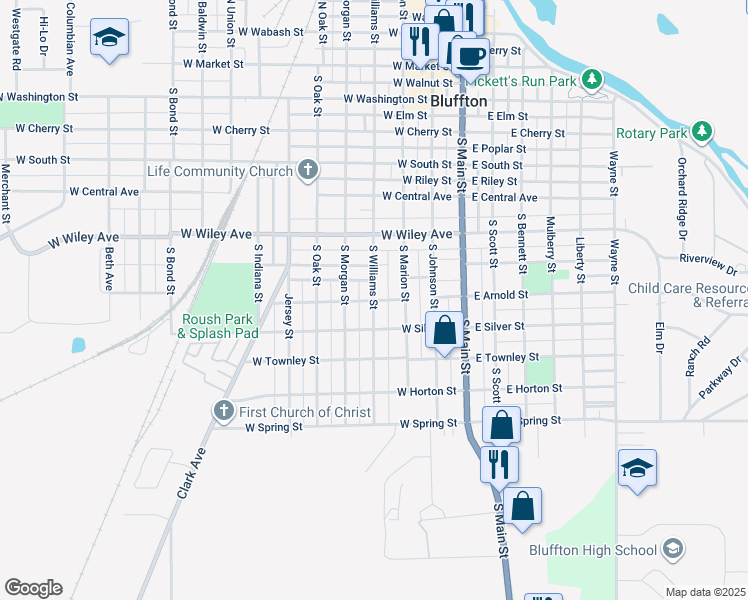 map of restaurants, bars, coffee shops, grocery stores, and more near 399 West Arnold Street in Bluffton