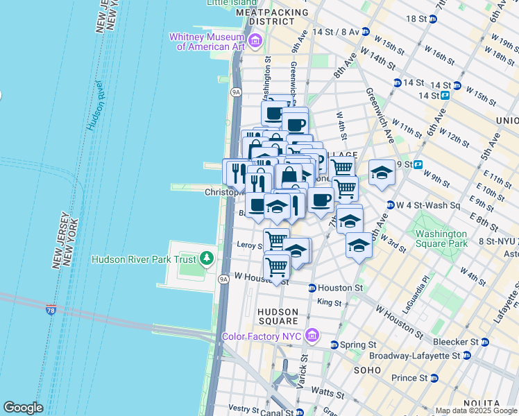 map of restaurants, bars, coffee shops, grocery stores, and more near 641 Washington Street in New York