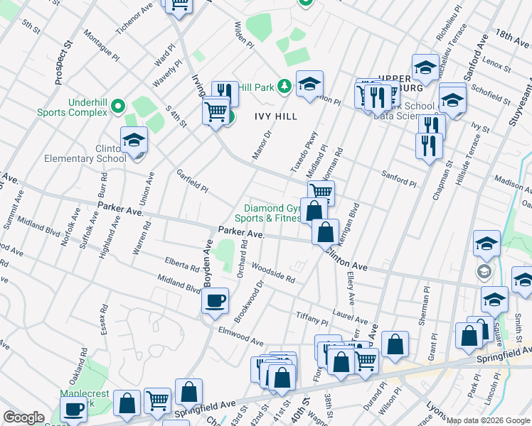 map of restaurants, bars, coffee shops, grocery stores, and more near 48 Hillcrest Road in Maplewood