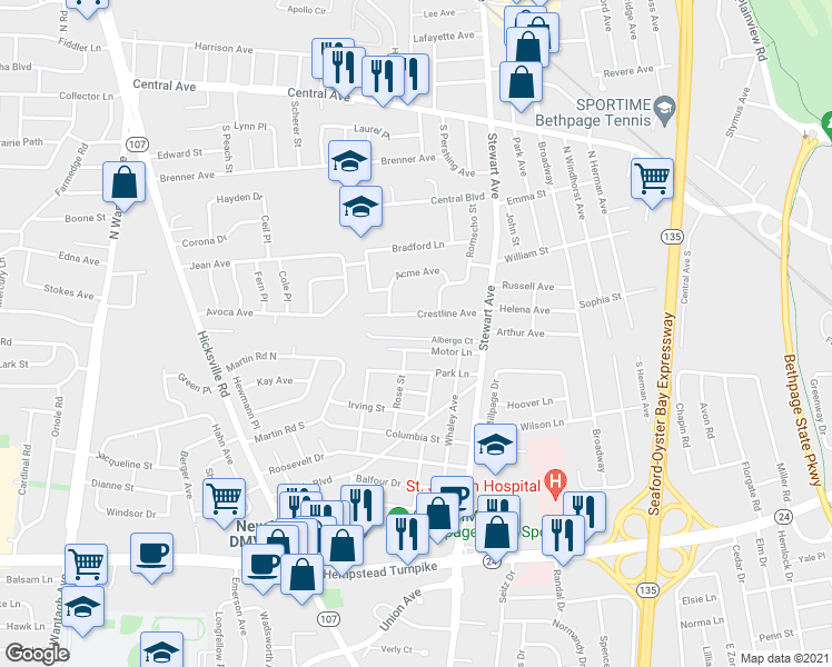 map of restaurants, bars, coffee shops, grocery stores, and more near 14 Albergo Court in Bethpage
