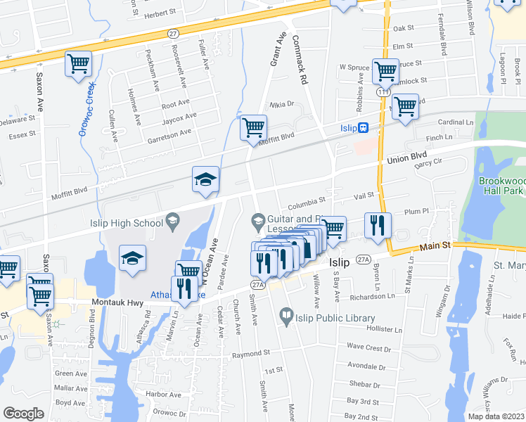 map of restaurants, bars, coffee shops, grocery stores, and more near 99 Grant Avenue in Islip