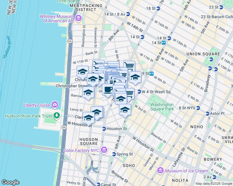 map of restaurants, bars, coffee shops, grocery stores, and more near 7th Avenue South & Bleecker Street in New York