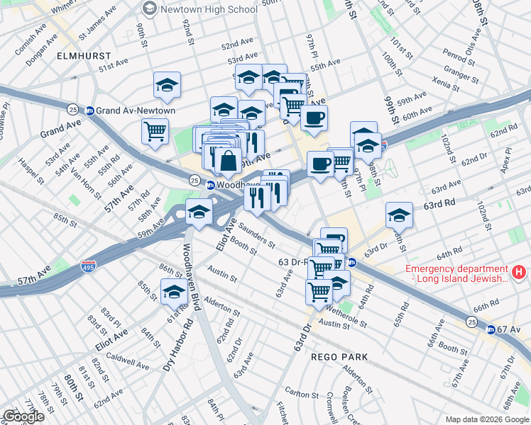 map of restaurants, bars, coffee shops, grocery stores, and more near 9229 Queens Boulevard in Queens