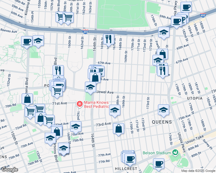 map of restaurants, bars, coffee shops, grocery stores, and more near 69-11 166th Street in Queens