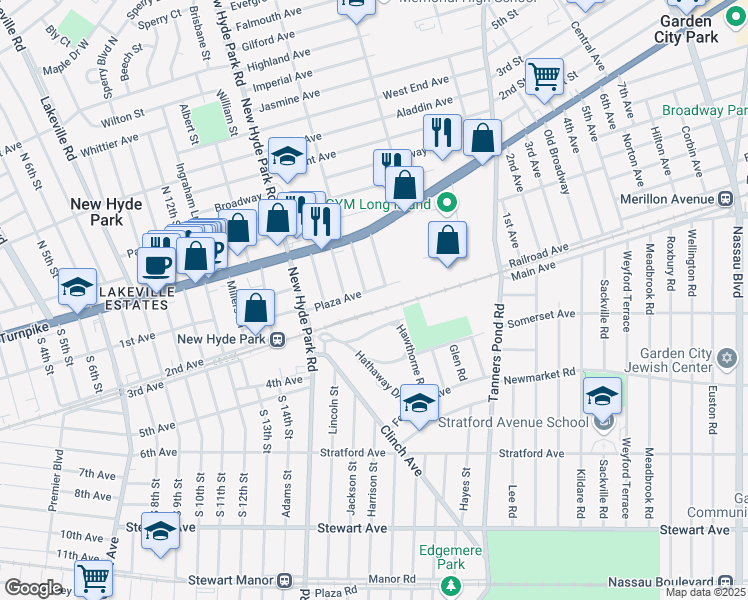 map of restaurants, bars, coffee shops, grocery stores, and more near 45 South 18th Street in New Hyde Park