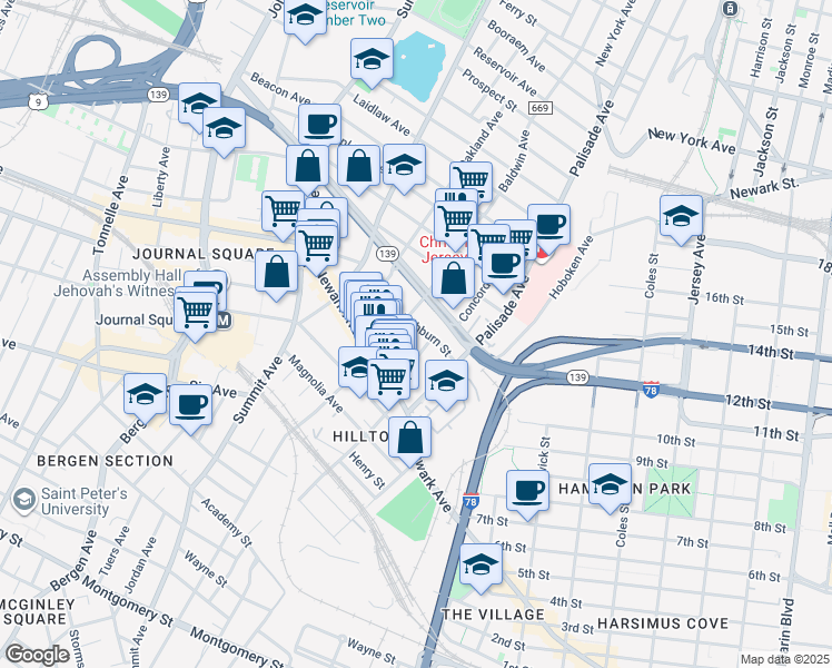 map of restaurants, bars, coffee shops, grocery stores, and more near 46 Washburn Street in Jersey City