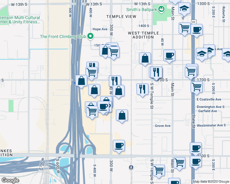 map of restaurants, bars, coffee shops, grocery stores, and more near 1735 S 300 W in Salt Lake City