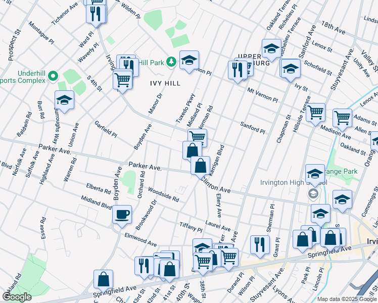 map of restaurants, bars, coffee shops, grocery stores, and more near 89 Hillcrest Road in Maplewood