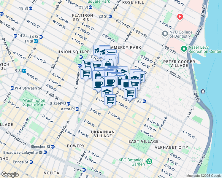 map of restaurants, bars, coffee shops, grocery stores, and more near 235 East 13th Street in New York