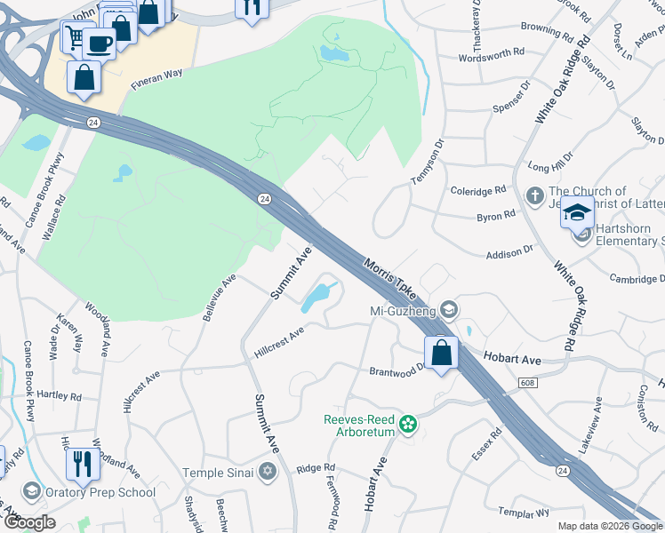 map of restaurants, bars, coffee shops, grocery stores, and more near 30 Woodmere Drive in Summit