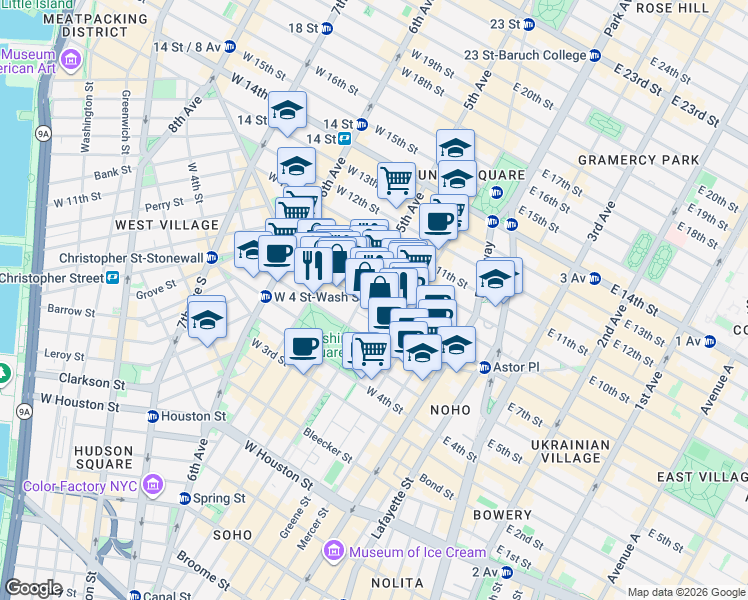 map of restaurants, bars, coffee shops, grocery stores, and more near 5 East 8th Street in New York