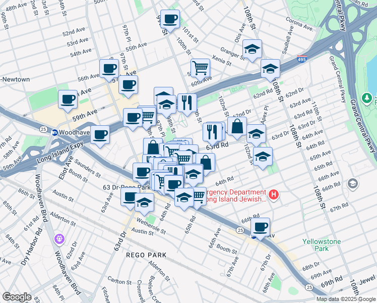 map of restaurants, bars, coffee shops, grocery stores, and more near 63-33 98th Place in Queens
