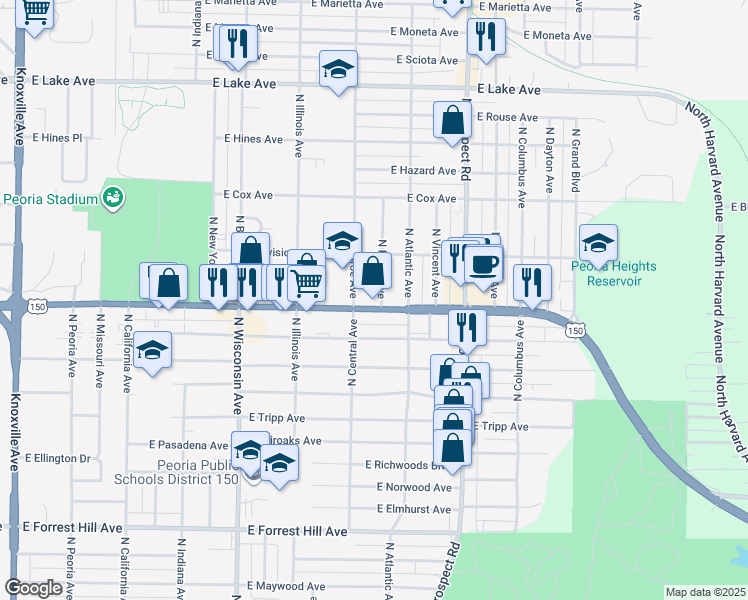 map of restaurants, bars, coffee shops, grocery stores, and more near 1005 East War Memorial Drive in Peoria Heights