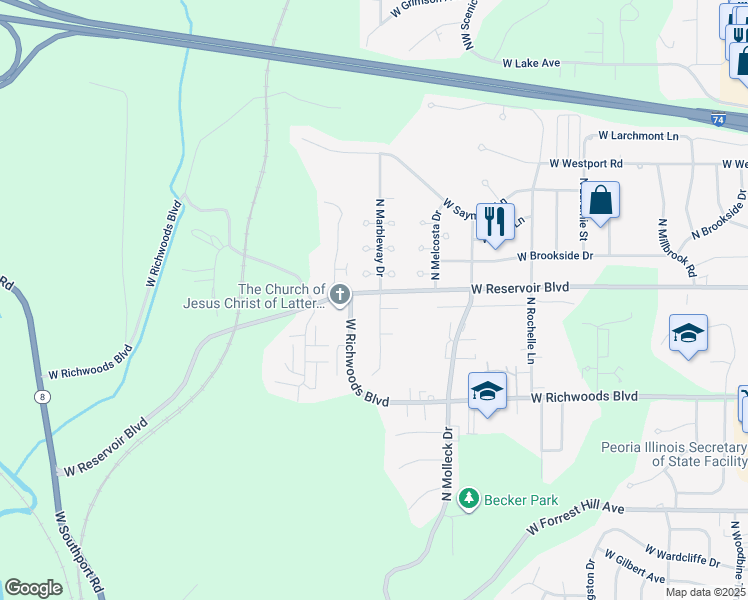 map of restaurants, bars, coffee shops, grocery stores, and more near 3627 North Marbleway Drive in Peoria