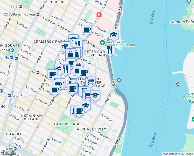 map of restaurants, bars, coffee shops, grocery stores, and more near 20 Stuyvesant Oval in New York