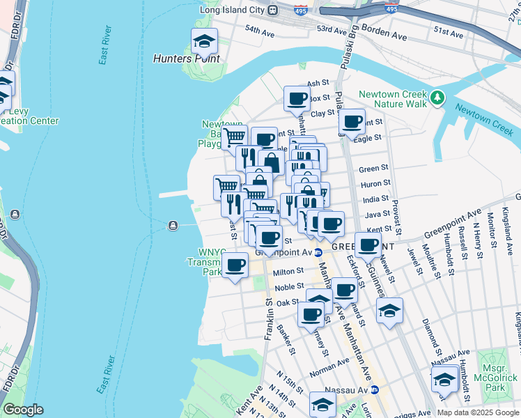 map of restaurants, bars, coffee shops, grocery stores, and more near 159 Franklin Street in Brooklyn