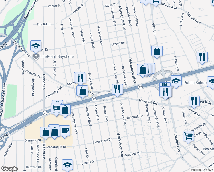 map of restaurants, bars, coffee shops, grocery stores, and more near 1306 North Windsor Avenue in Bay Shore