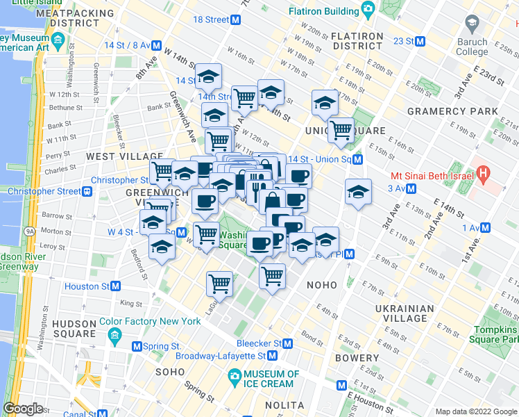 map of restaurants, bars, coffee shops, grocery stores, and more near 5th Ave & W 8th St in New York