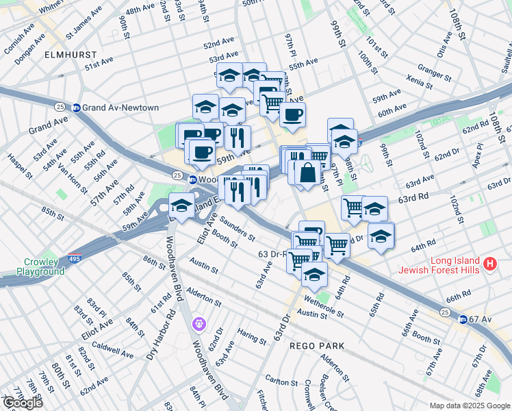 map of restaurants, bars, coffee shops, grocery stores, and more near 61-18 93rd Street in Queens