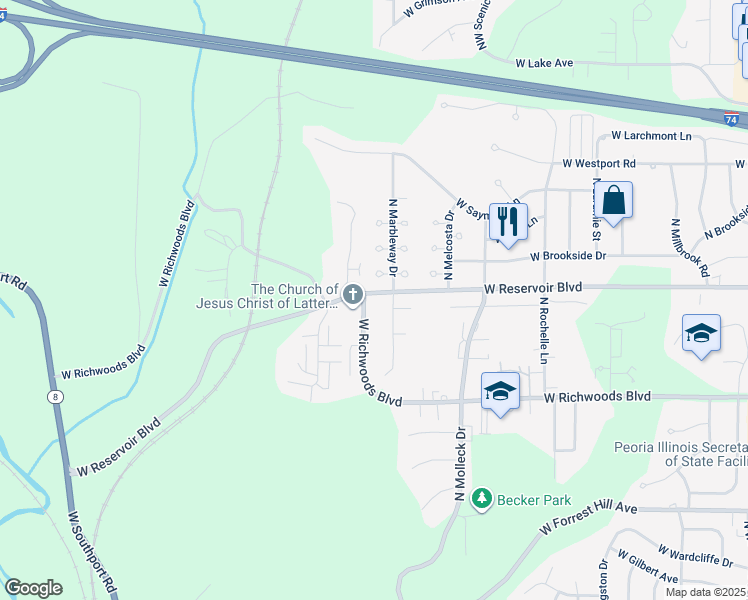 map of restaurants, bars, coffee shops, grocery stores, and more near 3633 West Richwoods Boulevard in Peoria