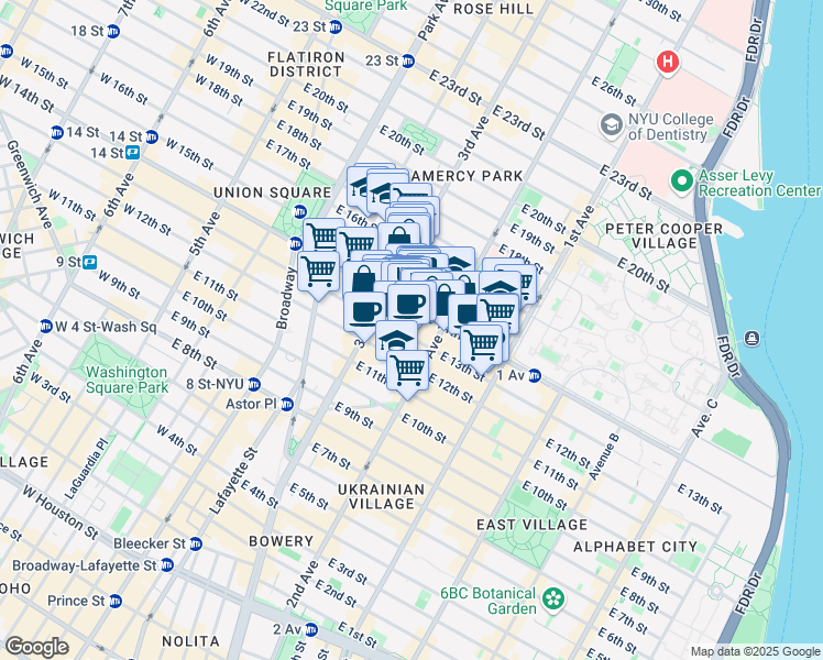 map of restaurants, bars, coffee shops, grocery stores, and more near 230 East 14th Street in New York