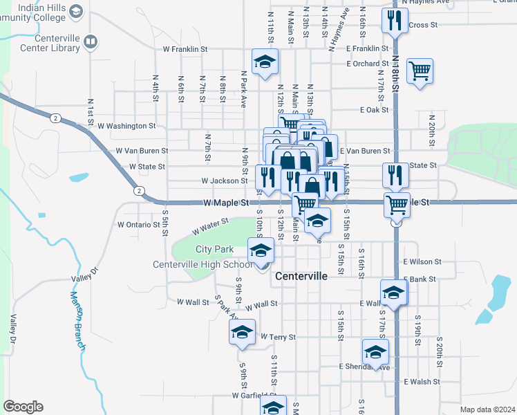 map of restaurants, bars, coffee shops, grocery stores, and more near 400 West Maple Street in Centerville