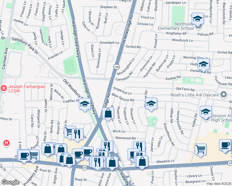 map of restaurants, bars, coffee shops, grocery stores, and more near 2 Dogwood Lane in Levittown